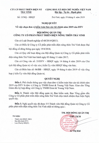 Nghị quyết số 13 ngày 19-06-2019 của HĐQT về việc chọn đơn vị kiểm toán độc lập. Nghị quyết số 13 ngày 19-06-2019 của HĐQT về việc chọn đơn vị kiểm toán độc lập.