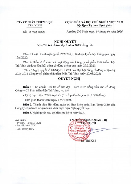 Nghị quyết về việc chi trả cổ tức đợt 1 năm 2025