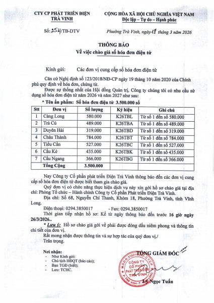 Thông báo chào giá hóa đơn điện tử năm 2026