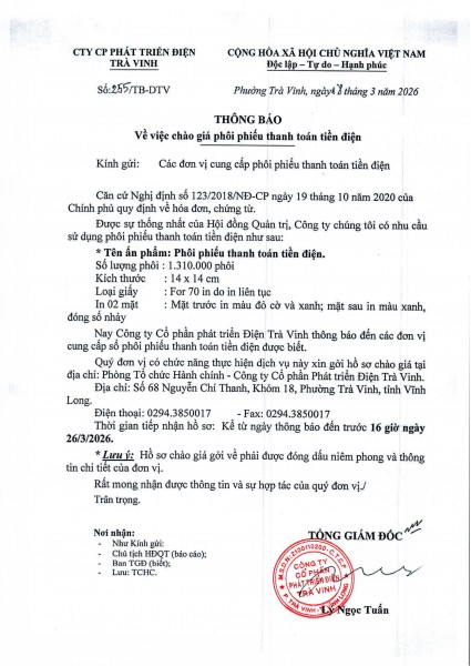Thông báo chào giá phôi thanh toán tiền điện 2026